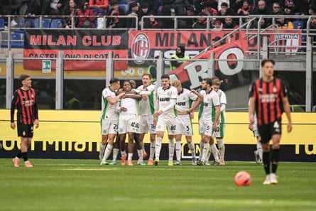 Sassuolo celebrate Armand Laurienté’s equaliser.