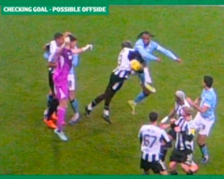 A screengrab from ITV coverage of the Carabao Cup semi-final shows the VAR review of Manchester City’s Antoine Semenyo’s second goal, subsequently disallowed for offside.