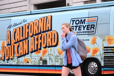 A bus is decorated outside of an election night event for California gubernatorial candidate Tom Steyer on Tuesday, June 2, 2026, in San Francisco.