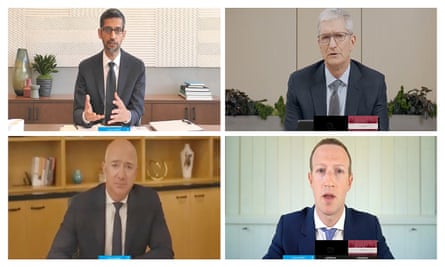 Google CEO Sundar Pichai, Apple CEO Tim Cook, Facebook CEO Mark Zuckerberg and Amazon CEO Jeff Bezos (clockwise from top left) during a US Senate judiciary committee meeting in July.