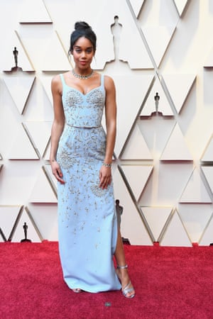 BlacKkKlansman actress Laura Harrier arrived at the ceremony wearing a bespoke, ethical gown by Louis Vuitton in support of the ethical Red Carpet Green Dress initiative