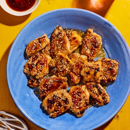 Sticky sesame and sweet chilli chicken, ginger soy dipping sauce.