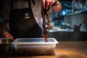 Rehydrated seaweed is prepared by a chef for use in a dish