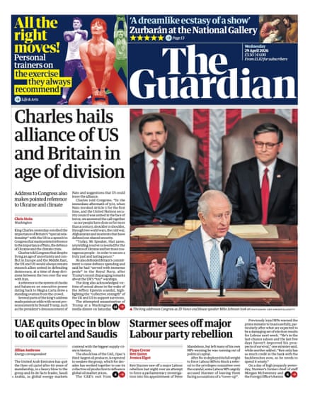 Guardian front page, Wednesday 29 April 2026