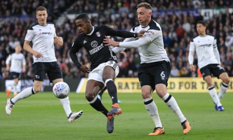 Derby’s Richard Keogh takes a hands-on approach with Ryan Sessegnon of Fulham during the Championship semi-final first leg.