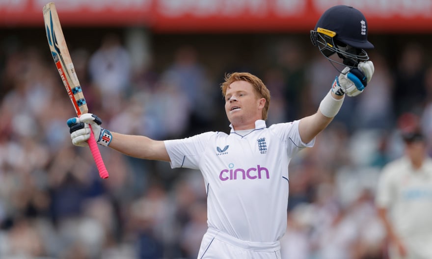 Ollie Pope celebrates reaching his century against New Zealand at Trent Bridge in June.
