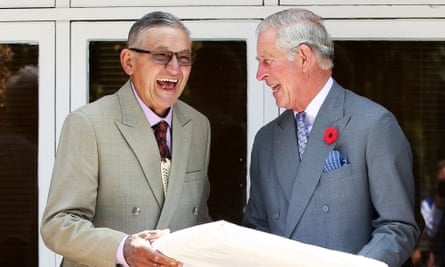 Prince Charles, Prince of Wales and Kingi Tuheitia enjoy a laugh while exchanging gifts during a visit to Turangawaewae Marae in 2015.