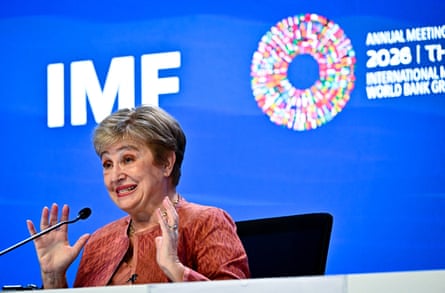 Kristalina Georgieva waves her hands as she speaks at the annual meetings of the International Monetary Fund and the World Bank Group in Bangkok