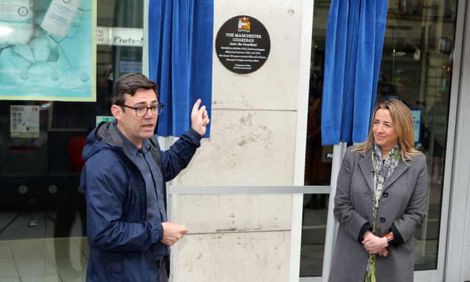 The Greater Manchester mayor, Andy Burnham, speaks at the unveiling, beside the Guardian’s editor-in-chief, Katharine Viner