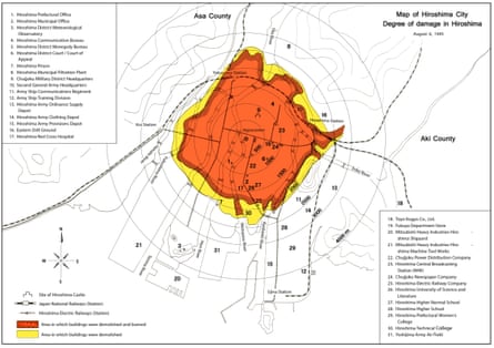 A map of Hiroshima showing degree of damage on 6 August 1945.