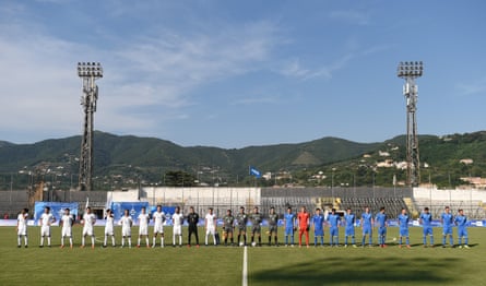 Italy and Ukraine line up before a match at the Simonetta Lamberti Stadium.