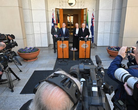 Treasurer Jim Chalmers, Minister for Health Mark Butler, Minister for Finance Katy Gallagher and Prime Minister Anthony Albanese at a press conference.