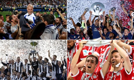 Clockwise from top left: Zinedine Zidane celebrates winning La Liga with his Real Madrid players; Monaco’s Falcao and team-mates cherish their Ligue 1 triumph; Bayern Munich’s Philipp Lahm and Xabi Alonso lift the Bundesliga trophy; and Juventus are jubilant after yet another Serie A win.