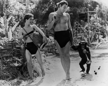 Johnny Weissmuller with Johnny Sheffield as Boy and Cheeta.