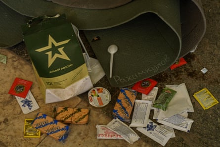 A Russian army ration pack and a soldier’s sleeping mat, left behind in the school in Novyi Bykiv