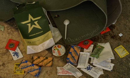 A Russian army ration pack and a soldier’s sleeping mat, left behind at a school in Novyi Bykiv.