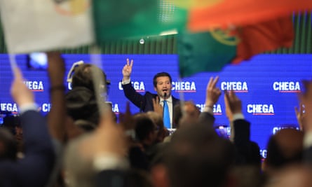 Chega leader André Ventura addressing supporters at an election night event in Lisbon, Portugal, 10 March 2024