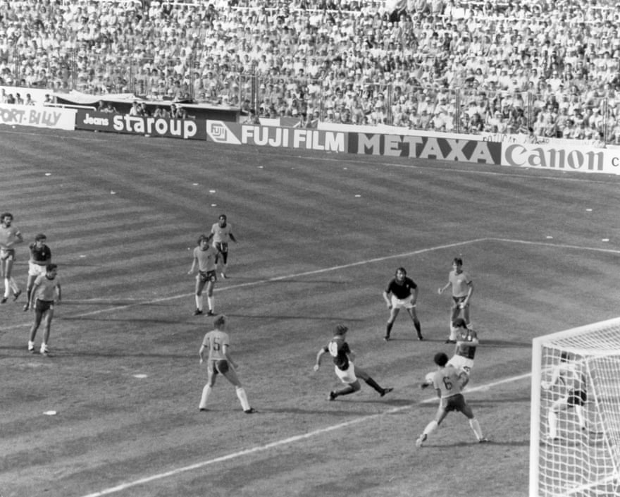 Italy’s Paolo Rossi sweeps the ball home from the edge of the six-yard box to score the winning goal, complete his hat-trick and take his team to the semi-finals.