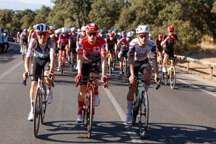 Jonas Vingegaard (centre) won the Vuelta, with João Almeida (right) second, and British cyclist Tom Pidcock (left) completing the top three