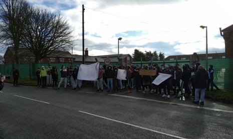 Residents of the Napier barracks site protesting against its conditions on Tuesday.