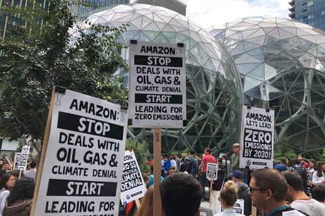 Amazon workers begin to gather in front of the company’s headquarters during September’s climate strike.