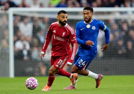 Chelsea’s Reece James closes in on Mohamed Salah at Stamford Bridge