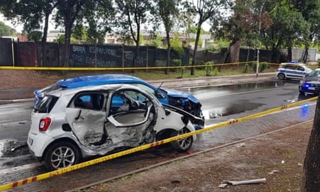 Crashed Smart  and Lamborghini SUV in the Casal Palocco district, south-west of Rome.