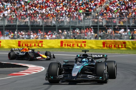 George Russell leads from Max Verstappen during the Canadian Grand Prix.