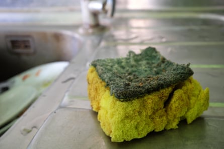 A worn out, soiled room sponge connected a sink