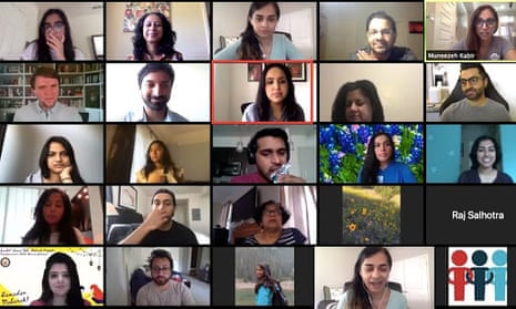 Volunteers with They See Blue hold a Zoom meeting featuring Aparna Shewakramani of the Netflix show Indian Matchmaking to encourage people to call south Asian voters in Texas.