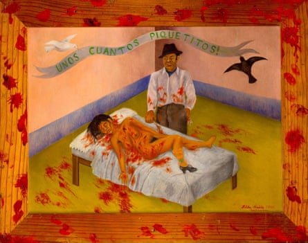 Painting shows a man holding a knife standing over a bed, on which lies a naked women who has been stabbed several times