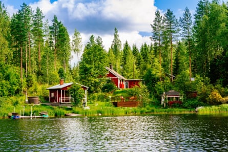 Traditional mökki cottages in rural Finland.