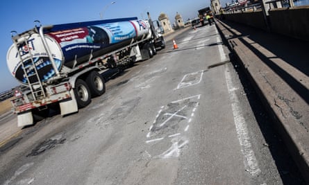 An ‘X’ marks a repair spot on the 101-year-old crumbling Hanover Street Bridge in Baltimore.