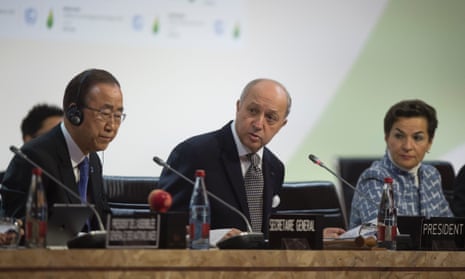 Ban Ki-Moon, Laurent Fabius and Christiana Figueres at COP 21