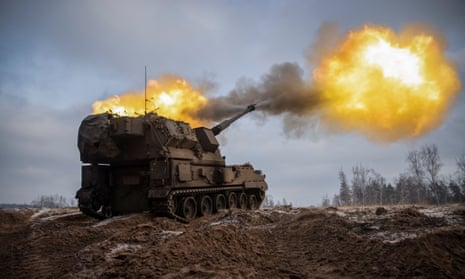 Ukrainian servicemen fire a Polish self-propelled howitzer Krab toward Russian positions in Donetsk, Ukraine, 17 January 2023.