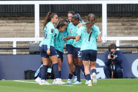 London City Lionesses goalscorer Delphine Cascarino celebrates with teammates after her team’s first goal against Everton