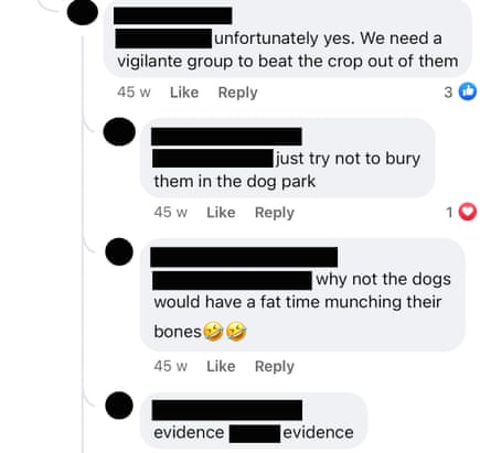 A screenshot from a conversation on a WA community Facebook group. One person says ‘unfortunately yes. We need a vigilante group to beat the crap out of them.’ The other replies say: ‘just try not to bury them in the dog park’; ‘why no the dogs would have a fat time munching their bones’; and ‘evidence evidence’