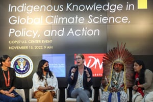 Wahleah Johns (L), the director of Indian energy at the US energy department; Jade Begay (2nd L), the climate justice campaign director at NDN Collective; and Chief Ninawa of the Huni Kui people in the Brazilian Amazon (2nd right) attending an Indigenous knowledge meeting.