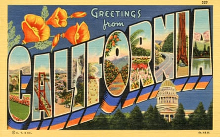A vintage postcard from 1910 reads ‘Greetings from California’ with images of poppies and other state landmarks in the block letters.