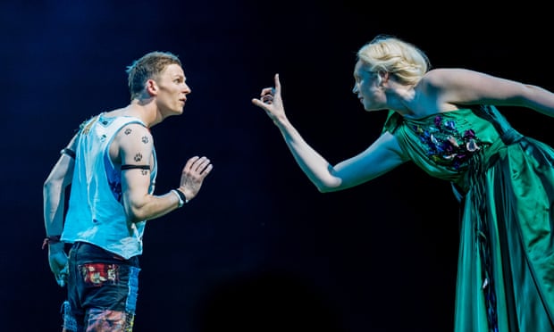 David Moorst (Puck) and Gwendoline Christie (Titania) in A Midsummer Night’s Dream.