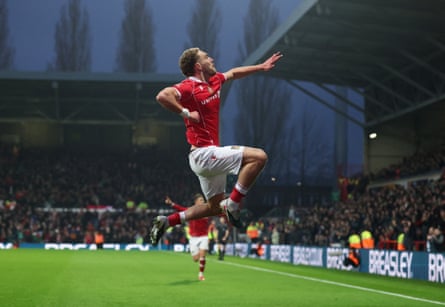 Wrexham’s Sam Smith celebrates scoring their first goal