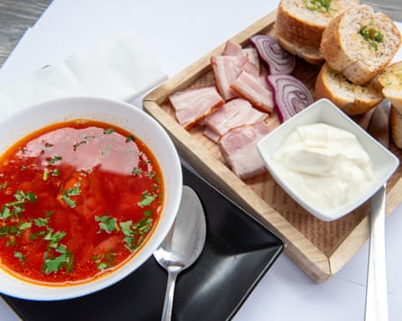 Scottish and Ukrainian dishes, including borscht and bread, at The Square on North St Andrew Street in Edinburgh’s New Town.