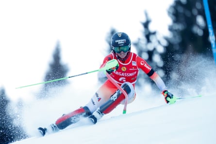 Switzerland’s Camille Rast, wearing a black mourning band, on her way to slalom victory