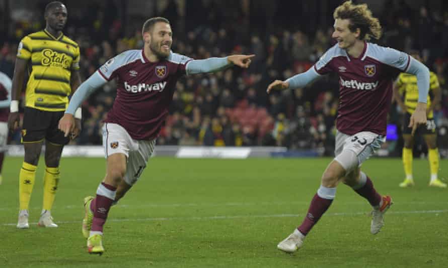Nikola Vlasic (left) celebrates his first goal for West Ham.