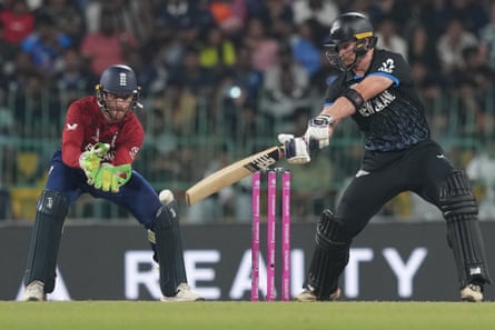 New Zealand’s Glenn Phillips plays a cut shot against England at the T20 World Cup
