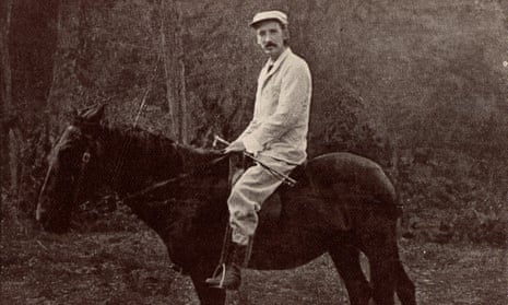 Bleak black humour … Robert Louis Stevenson on his horse Jack in Samoa.