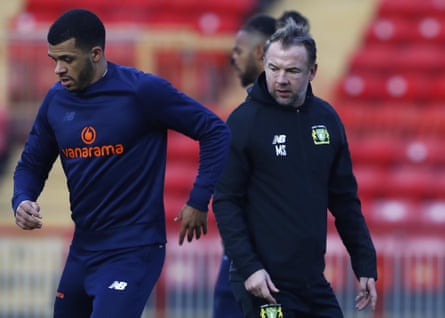 Yeovil Town coach Marcus Stewart during the warm up before the English National League game between Gateshead and Yeovil Town at Gateshead in April 2023.
