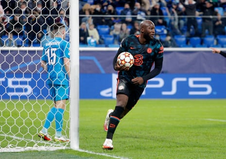 Chelsea’s Romelu Lukaku celebrates scoring their second goal.