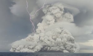 An eruption occurs at the underwater volcano Hunga Tonga-Hunga Ha’apai off Tonga, January 14, 2022.