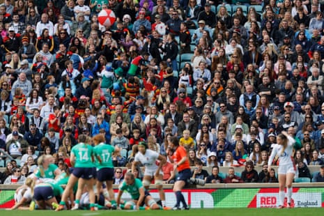 A beach ball floats by as England fans in the stand watch the action during the Guinness Women's Six Nations 2024 match between England and Ireland.